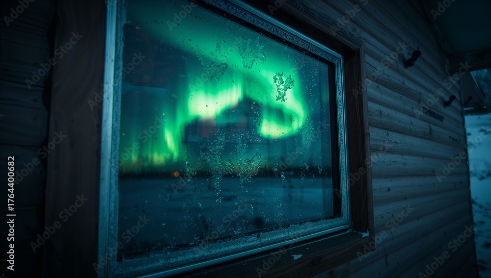Fototapeta premium Displaying frosted cabin window showing droplets and aurora borealis at snowy cabin, wood siding