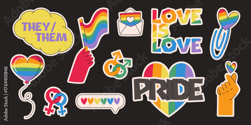 Pride month stickers pack isolated on black background. Vector cartoon illustration of LGBT rainbow flag, heart shape balloon, retro style love message, gender diversity signs, gay parade icons set