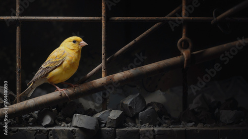 Wallpaper Mural a lone yellow canary in a vintage iron cage, symbolizing a warning in a dark, atmospheric coal mine tunnel. Torontodigital.ca