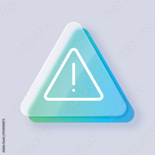 Triangular icon in glassmorphism style with an exclamation point, blue-green color, blurred effect.