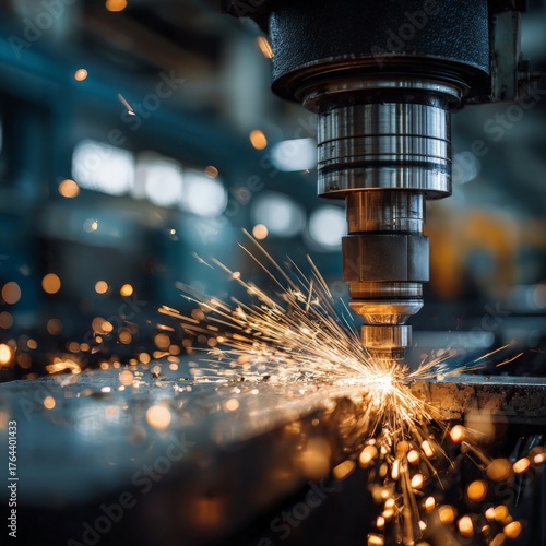 Close-up of a drill machine creating sparks in a workshop during daytime