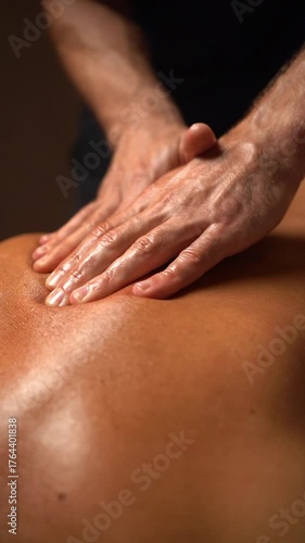 Close-up of a male therapist performing a relaxing back massage for a woman, focusing on smooth hand movements to relieve tension and improve circulation in a calm spa atmosphere.