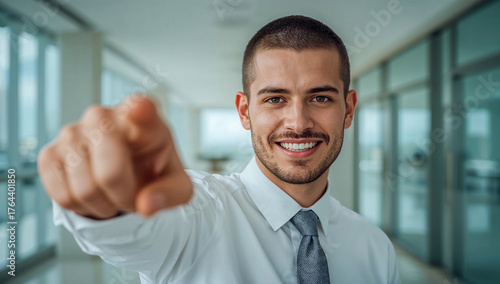 A confident, smiling young businessman in a white shirt and tie points directly at the viewer. his enthusiastic gesture and bright face dominate the blurred modern office background.