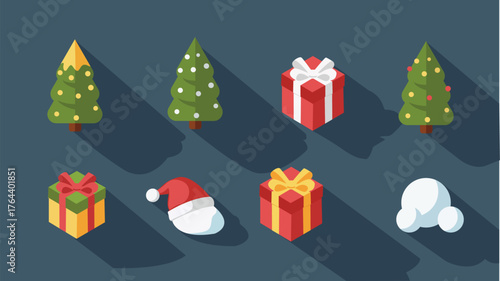 Isometric Christmas festive icons and symbols, flat design, illustration, Christmas tree, gift box, holiday elements