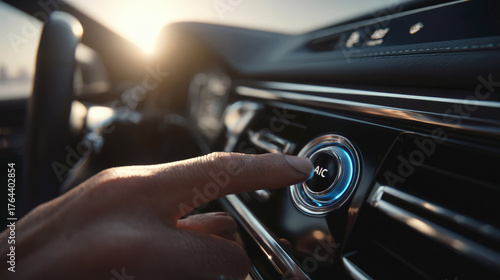 Close-up of a hand pressing the A/C button on a modern car dashboard during a sunny day, highlighting interior controls, technology and comfort.