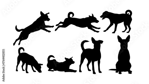 Dog silhouettes in various poses running, standing, and resting, perfect for design needs