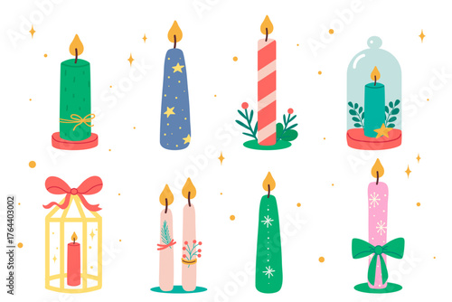 Tall christmas candles with festive decorations and elegant wax details