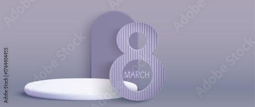 8 march celebration setup with 3d number and white podium for women day product showcase. Purple backdrop with geometric arch and circular platform for feminine brand presentation or holiday marketing