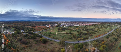 Morfelden Walldorf aerial panorama with Frankfurt skyline