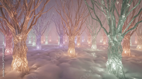 Bosque cristalino con árboles de fibra óptica