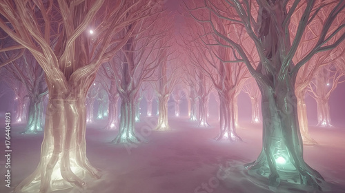 Bosque cristalino con árboles de fibra óptica
