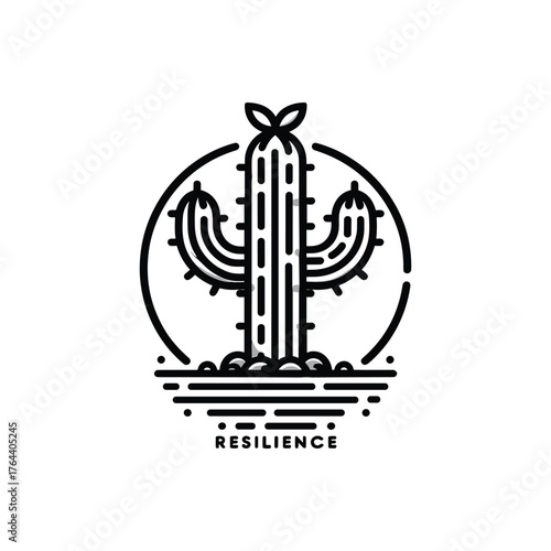 black and white line art illustration of a stylized cactus within a circular frame, with the word 'RESILIENCE' below.