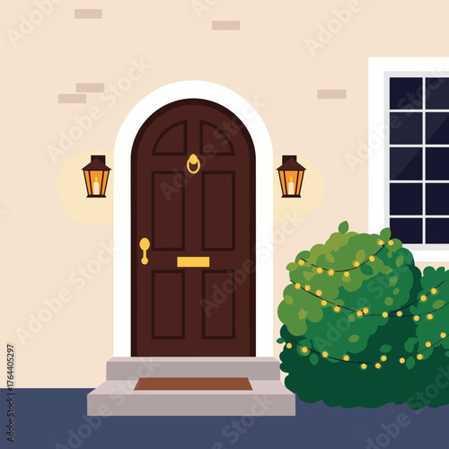 Elegant brown door with arched frame and golden accents, inviting entrance.