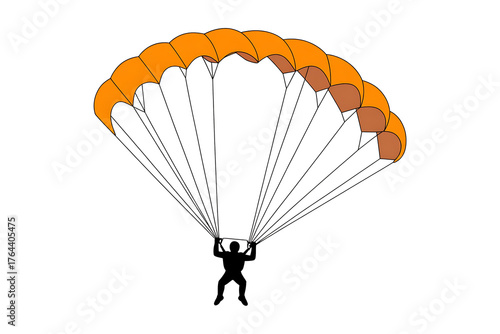 Silhouette of a person descending with a large, round parachute against a white background.