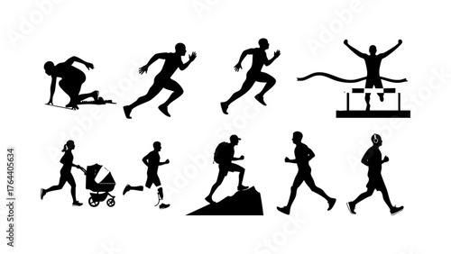 Collection of silhouettes of people running and jogging in various poses and activities, including training, competition, and leisure