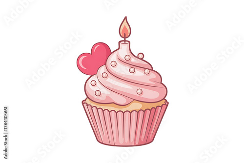 Pink cupcake with a lit candle and heart decoration, celebrating a joyful, sweet occasion.