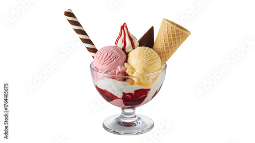 A delightful sundae with colorful scoops, waffle cones, and chocolate sticks, a sweet treat.