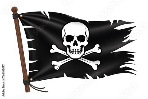 Black flag with a white skull and crossbones design, representing piracy, rebellion, and a daring spirit.