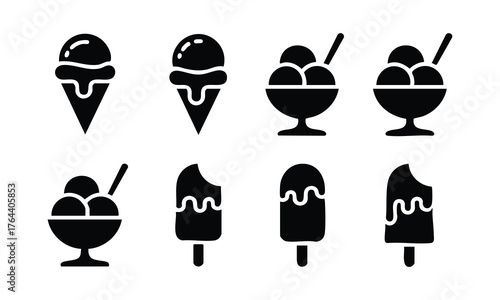 Collection of Ice Cream and Frozen Dessert Silhouette Icons, Vector Set of Ice Cream Cones, Sundaes, and Popsicles, Black and White Frozen Treat Icons, illustration, vector