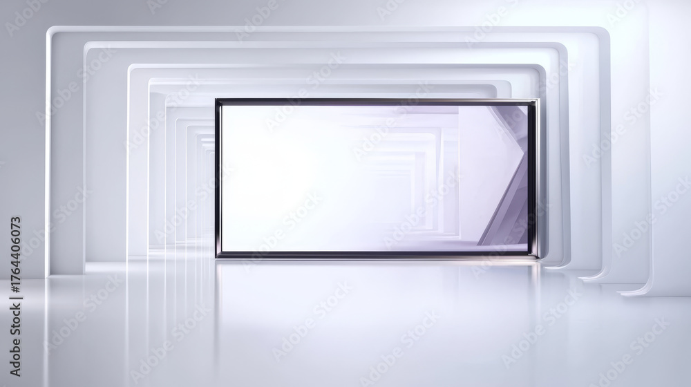 Fototapeta premium Abstract white tunnel with glowing rectangles and a framed screen displaying a geometric pattern.