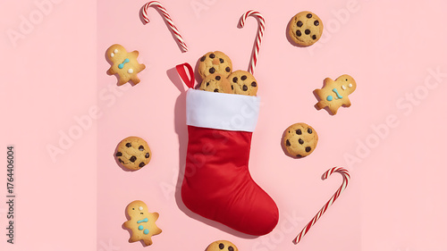 Festive holiday scene with cookies, candy canes, and a red stocking filled with treats.