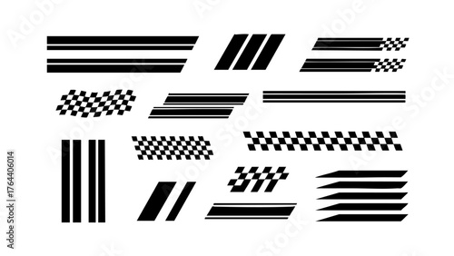 Collection of black and white stripes, checkered patterns, and geometric elements for design