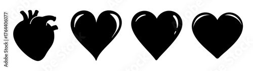 Four black heart icons one anatomical one stylized rendering graphics love symbol series