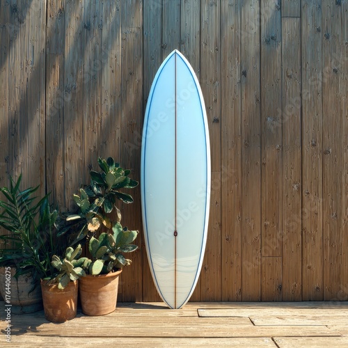 Surfboard propped against wooden wall, potted plants underneath