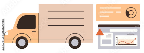 Delivery van with dashboard elements showing alerts, graph, and user profile. Ideal for logistics, shipping, online tracking, business analytics, supply chain, efficiency simple flat metaphor