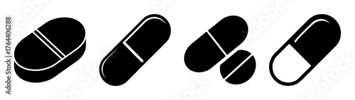 Collection of black capsule and pill icons representing medicine for health and wellness treatments