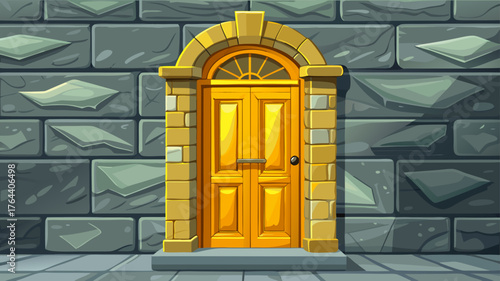  Very beautiful yellow wooden door on a gray stone facade, bright and inviting, expressing optimism and modern rustic minimalism.