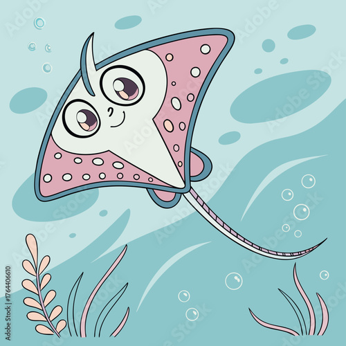 Cute cartoon ray with pink wings swims gently in a calm turquoise sea