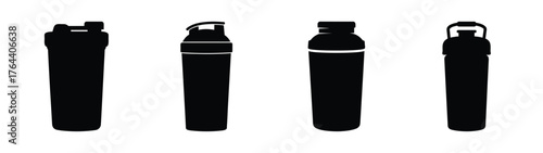 Four black protein shaker bottles displayed in a row for fitness and health enthusiasts