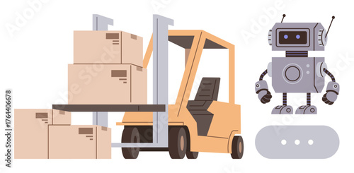 Forklift lifting stacked boxes beside an AI-powered robot assistant. Ideal for logistics, automation, robotics, technology, warehouse management, industry 4.0 and teamwork concepts. Simple flat