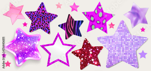 Star collage elements with glitter, leopard print and zebra stripes, polka dots and disco grid patterns for party decorations or scrapbooking. Colorful shapes with sparkles on white background.