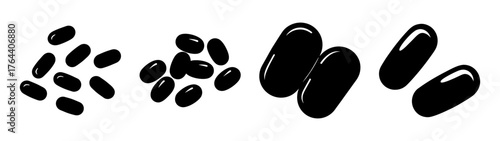 Black capsule vitamins grouped together and scattered displaying nutritional supplement health care