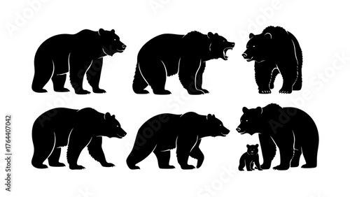 A collection of wild bear silhouettes in different poses, including a roaring grizzly and a mother with her cub, vector icon set