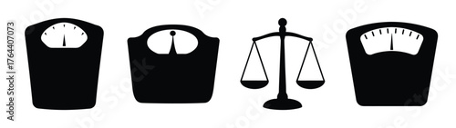 Collection of diverse weight scales and balancing scale icons for health and measurement concepts