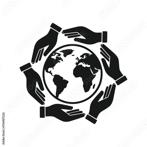 Hands protecting planet earth globe circle unity teamwork collaboration global care support vector