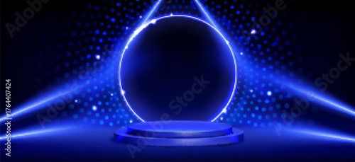 Round podium with neon blue lights on black background. Vector realistic illustration of illuminated circular stage for nightclub show, music concert, award ceremony performance, luxury event platform