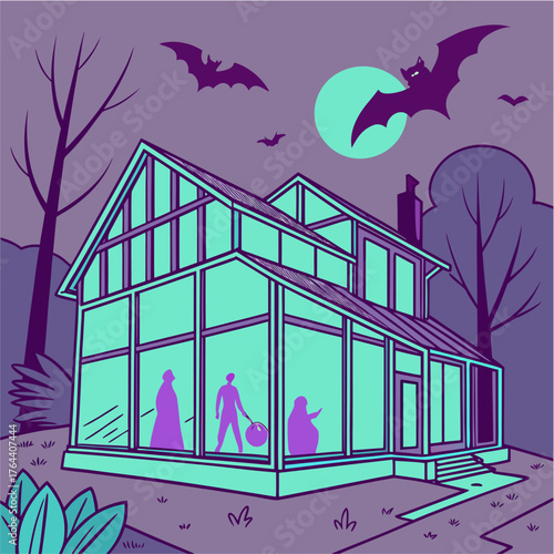 An illustration of a home on Halloween. A full moon shines on costumed people inside while bats fly above.

