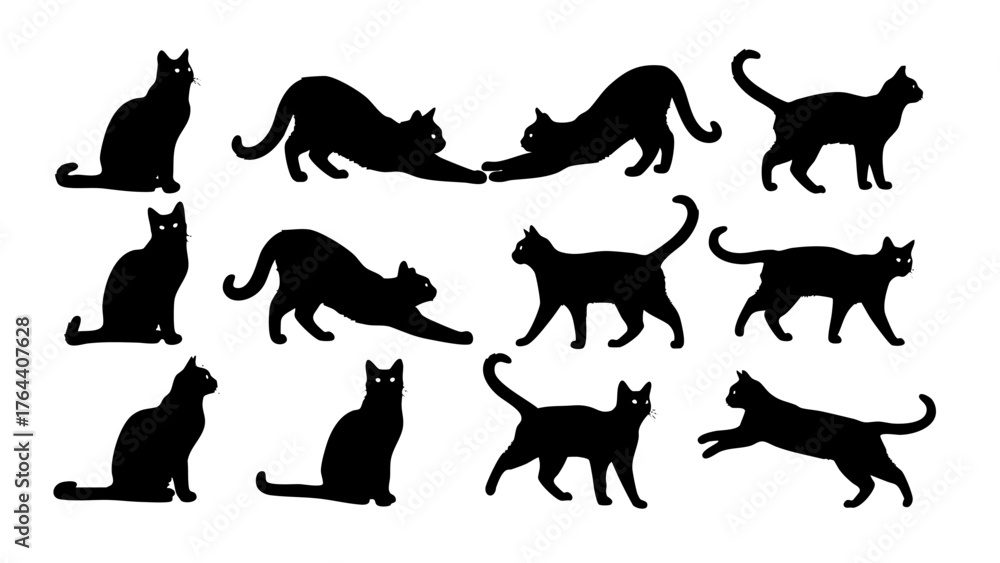 Obraz premium Diverse collection of elegant black cat silhouettes in various graceful and playful poses, ideal for graphic design projects and decorative elements