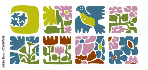 Organic boho square tiles with abstract floral shapes. Hand drawn cutout style botanical decorative elements set with flowers and leaves, bird and moon with stars for textile prints or wallpaper.