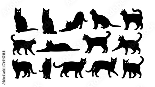 Collection of diverse black cat silhouettes in various playful and elegant poses, perfect for pet-themed designs and graphic projects