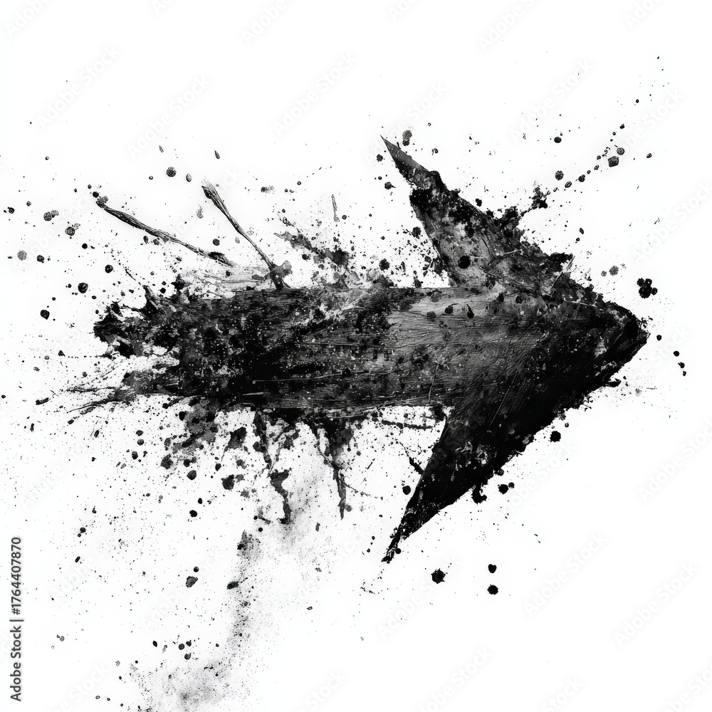 Naklejka premium Dynamic black arrow with splashes and strokes creating an abstract design in a minimalistic style