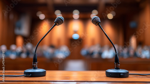 Illustration of a microphone in a courtroom with the audience in a blurred background. Illustration of a political background.