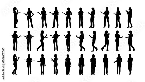 Collection of Silhouettes of Women in Various Poses and Gestures Against a White Background