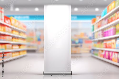 Blank White Roll-Up Banner Display Stand in Blurred Supermarket Aisle. Mock up promotion information for marketing announcements and details, blank white space.