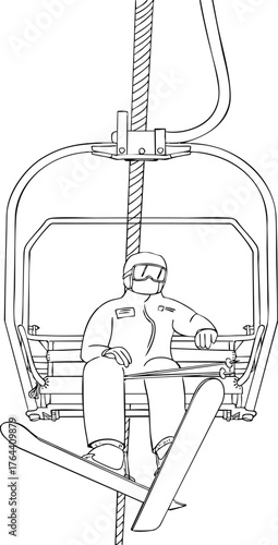 A person in ski gear is sitting on a funicular and going up. Vector illustration.