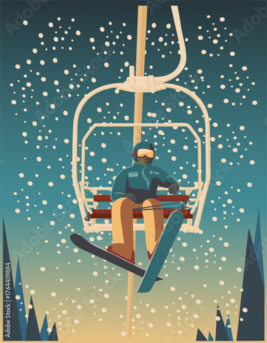 A person in ski gear is sitting on a funicular and going up. Vector illustration.